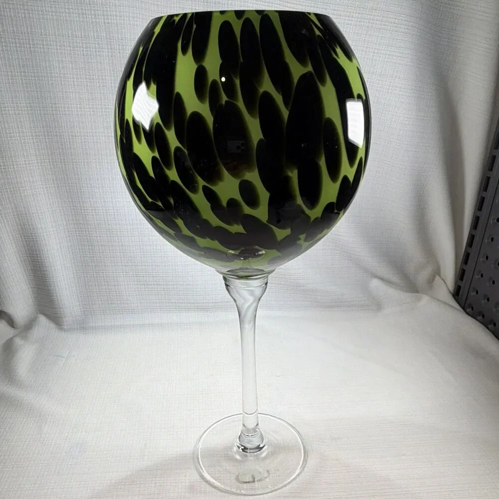 RO Home Hand-Blown Green & Black Tortoise Leopard Art Goblet Vase - 13.25